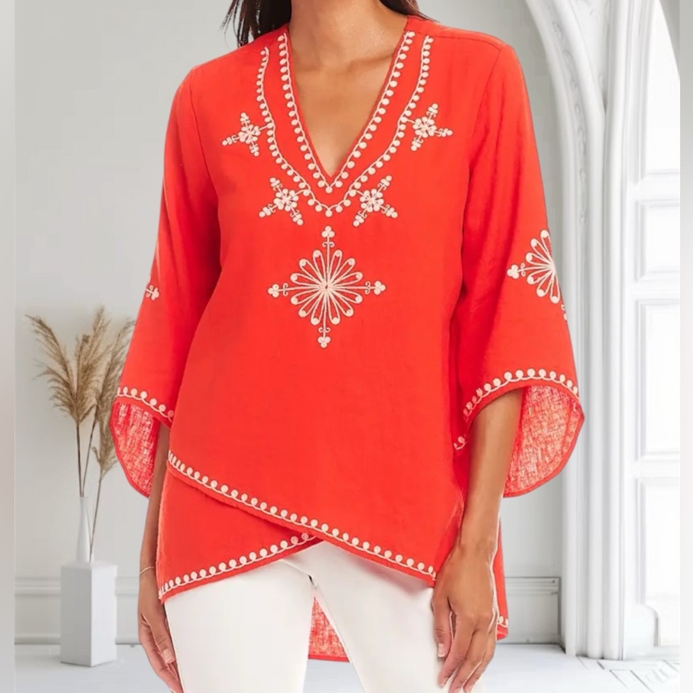 NWT Karen Kane Crossover Top Sz XS Embroidery 3/4 Sleeve Orange Poppy